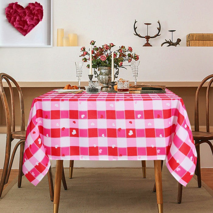 LUSHVIDA Valentine's Day Round Tablecloth- Polyester Checkered Heart Pattern Tablecloth, Table Cover Protector for Valentine,Wedding Decoration Use, Red & White