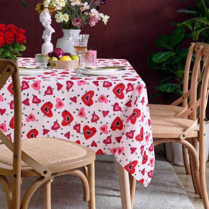 LUSHVIDA Valentine's Day Table Cloth Hearts and Arrows Pattern Tablecloth- Stain and Water Resistant Table Cover for Anniversary/Valentine/Party/Wedding Decoration Use, Red & White