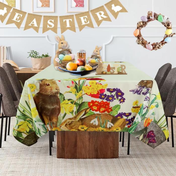LUSHVIDA Easter Rectangle Tablecloth- Easter Spring Flower Bird and Rabbit Pattern Tablecloth, Multi-use Washable Polyester Spring Tablecloth for Party, Banquet, Dinner Decoration