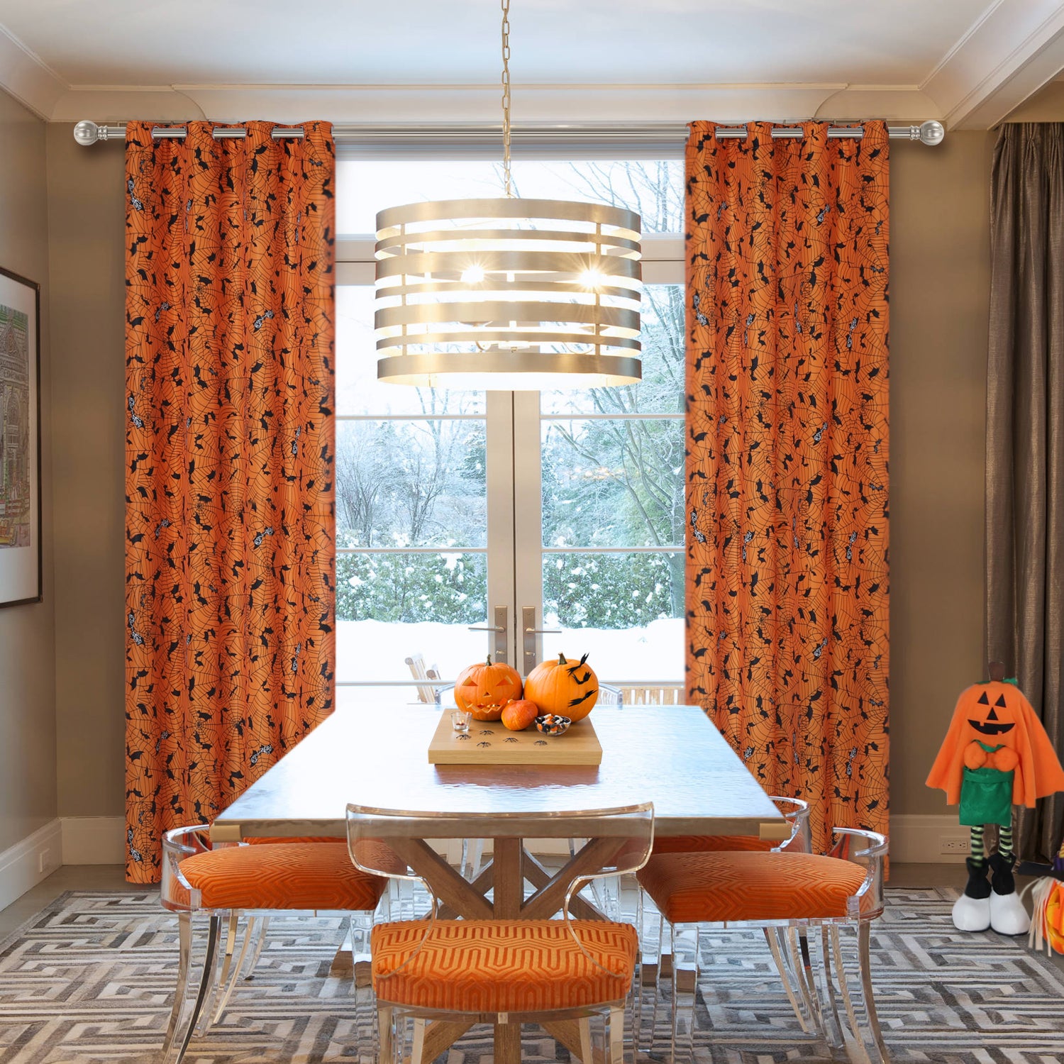 LUSHVIDA Orange Decorative Halloween Curtains for Living Room,Spider Web Printed Curtains