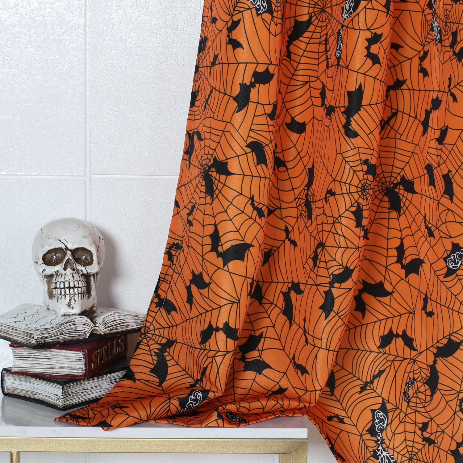 LUSHVIDA Orange Decorative Halloween Curtains for Living Room,Spider Web Printed Curtains