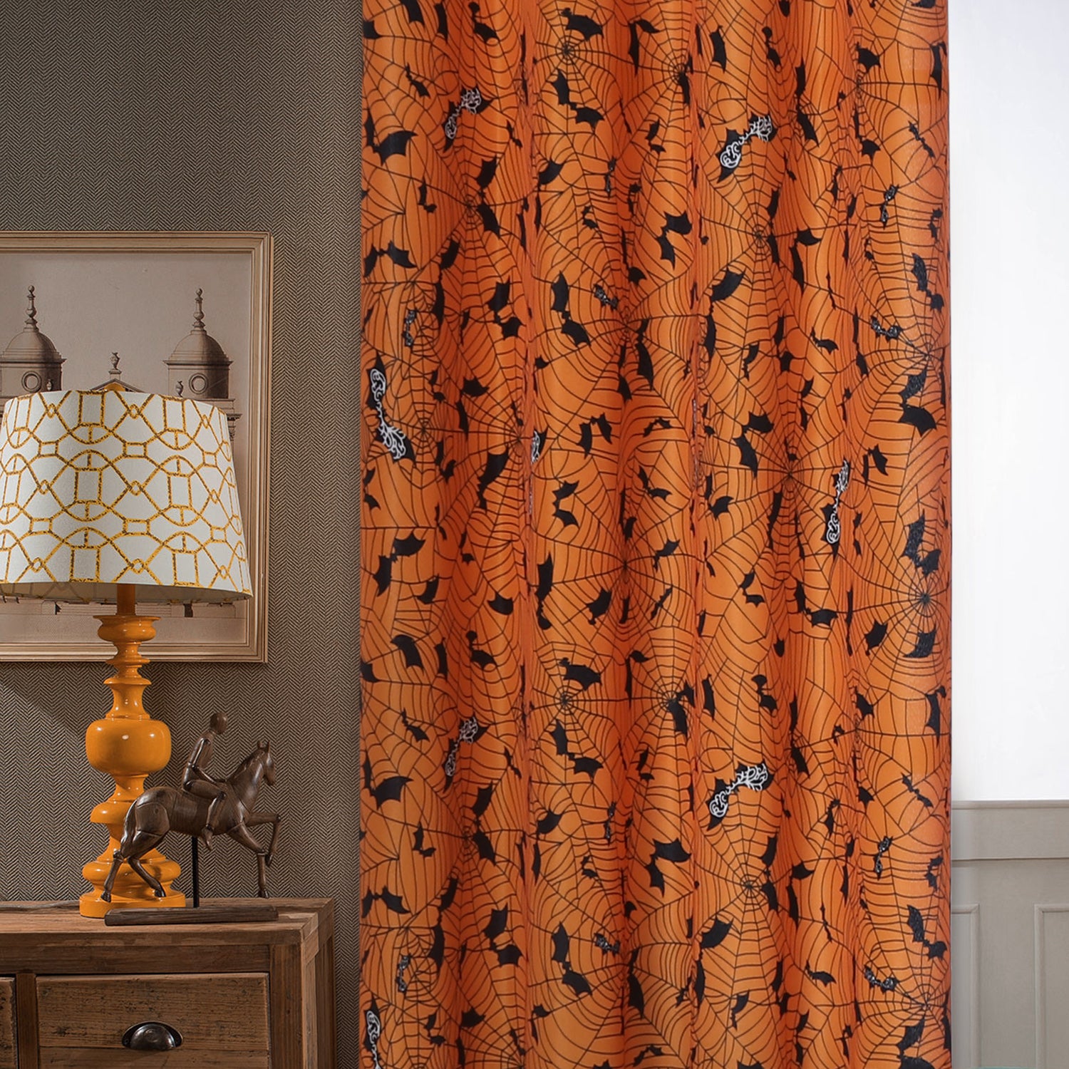 LUSHVIDA Orange Decorative Halloween Curtains for Living Room,Spider Web Printed Curtains