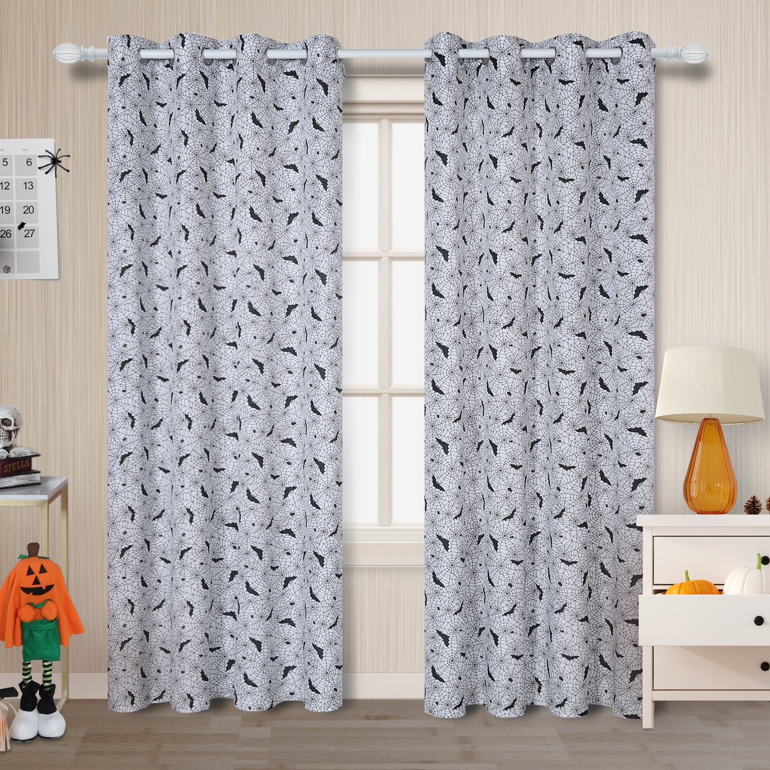 LUSHVIDA Decorative Halloween Curtains for Living Room,Spider Web Printed Curtains