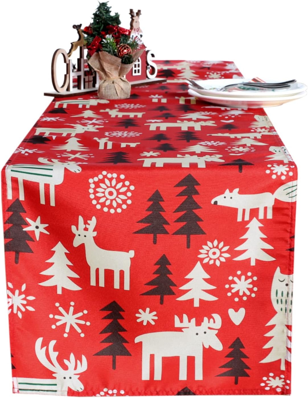 LUSHVIDA Christmas Table Runner Xmas Deer Prttern, Washable Table Runner for Dining Table Holiday Party Decorations