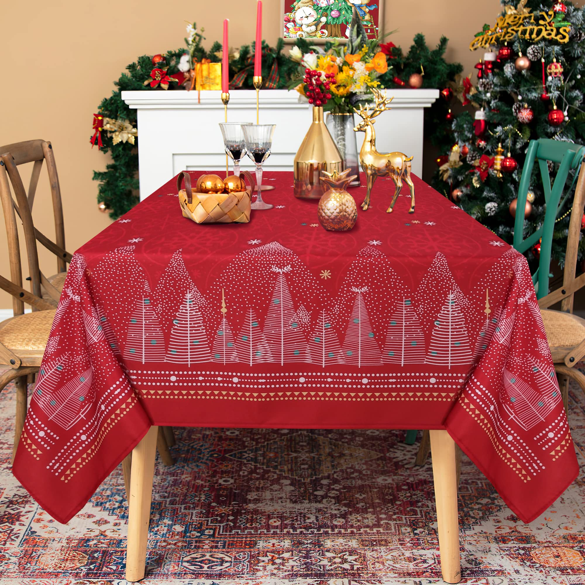 LUSHVIDA Printed Christmas Tablecloths Rectangle Xmas Tree Table Cover Table Cloth Water Resistant Washshable Stain Resistant Decorative Tablecloth for Dining Festival