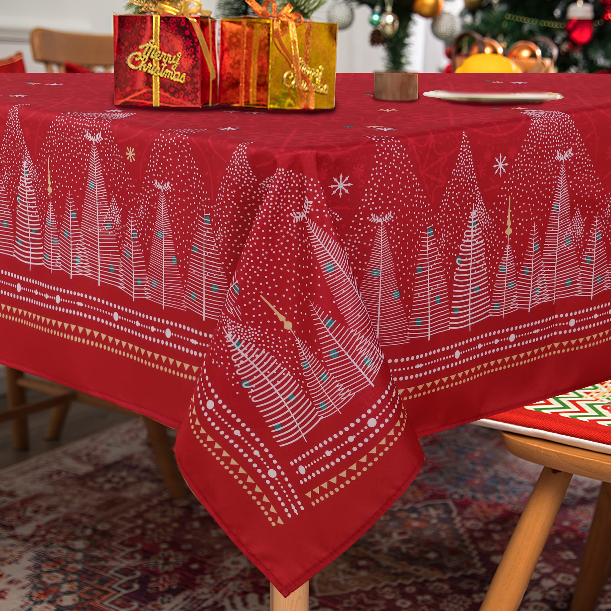 LUSHVIDA Printed Christmas Tablecloths Rectangle Xmas Tree Table Cover Table Cloth Water Resistant Washshable Stain Resistant Decorative Tablecloth for Dining Festival