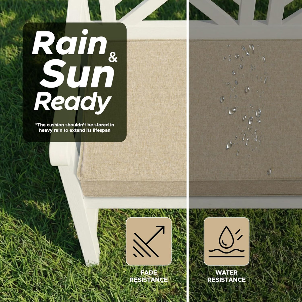 Ottowood Outdoor Bench Cushion - Water & Fade Resistant Patio Furniture Cushions, Non-Slip Bench Seat Pad with Linen Textured Removable Cover for Garden Porch Sofa Settee